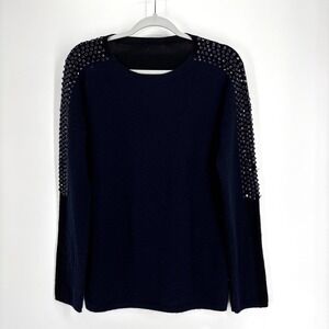 Amicale Cashmere Sweater Womens Medium Navy Black Rhinestone Embellished Sleeves
